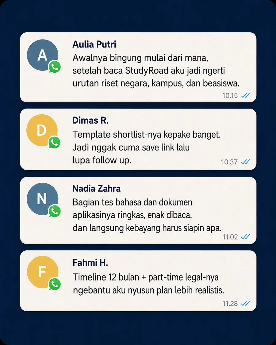 Testimoni pembaca StudyRoad dalam kartu chat berlatar navy