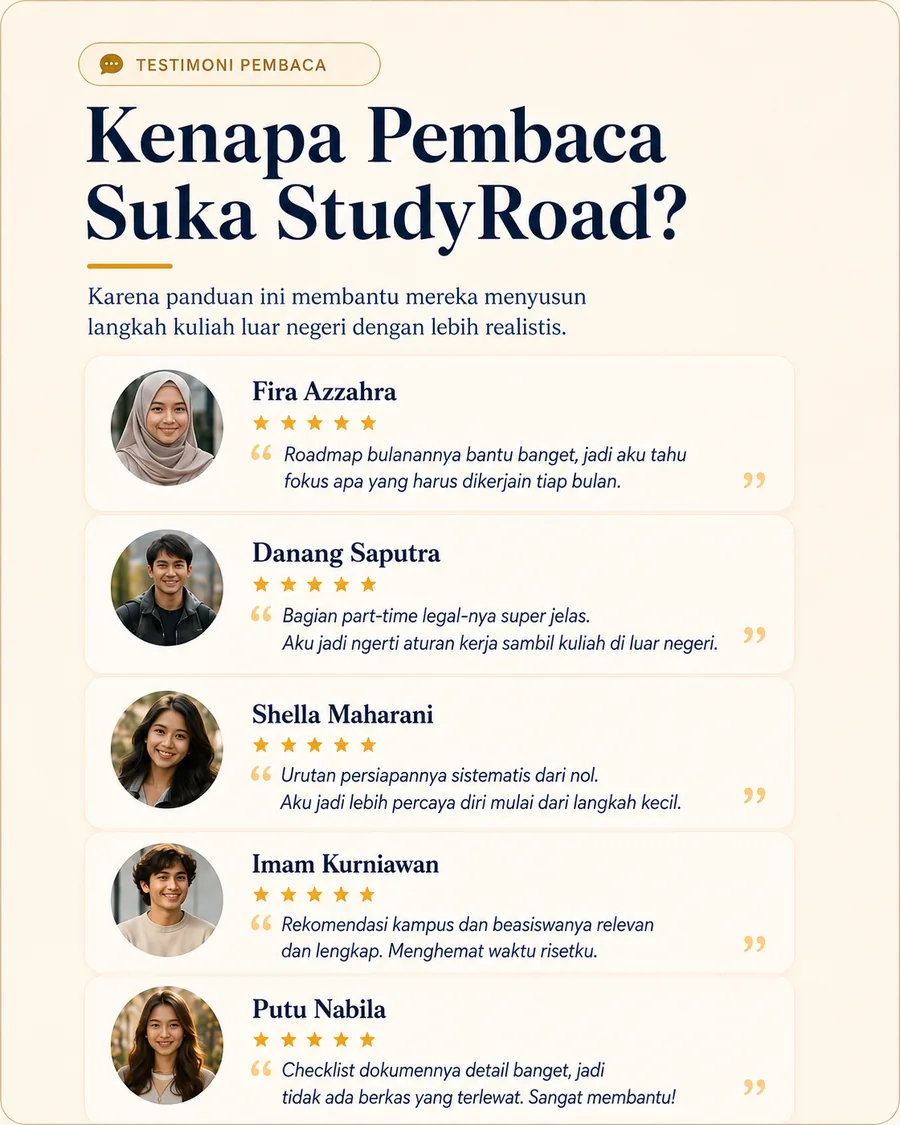 Testimoni pembaca StudyRoad dengan desain krem premium