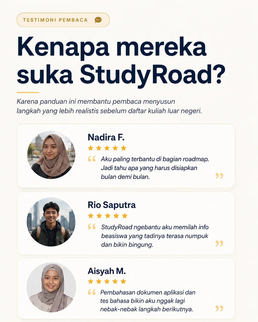 Tiga testimoni pembaca StudyRoad dengan rating bintang