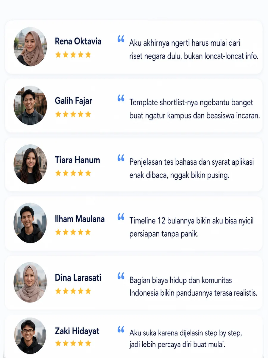 Daftar testimoni pembaca StudyRoad dengan foto dan rating