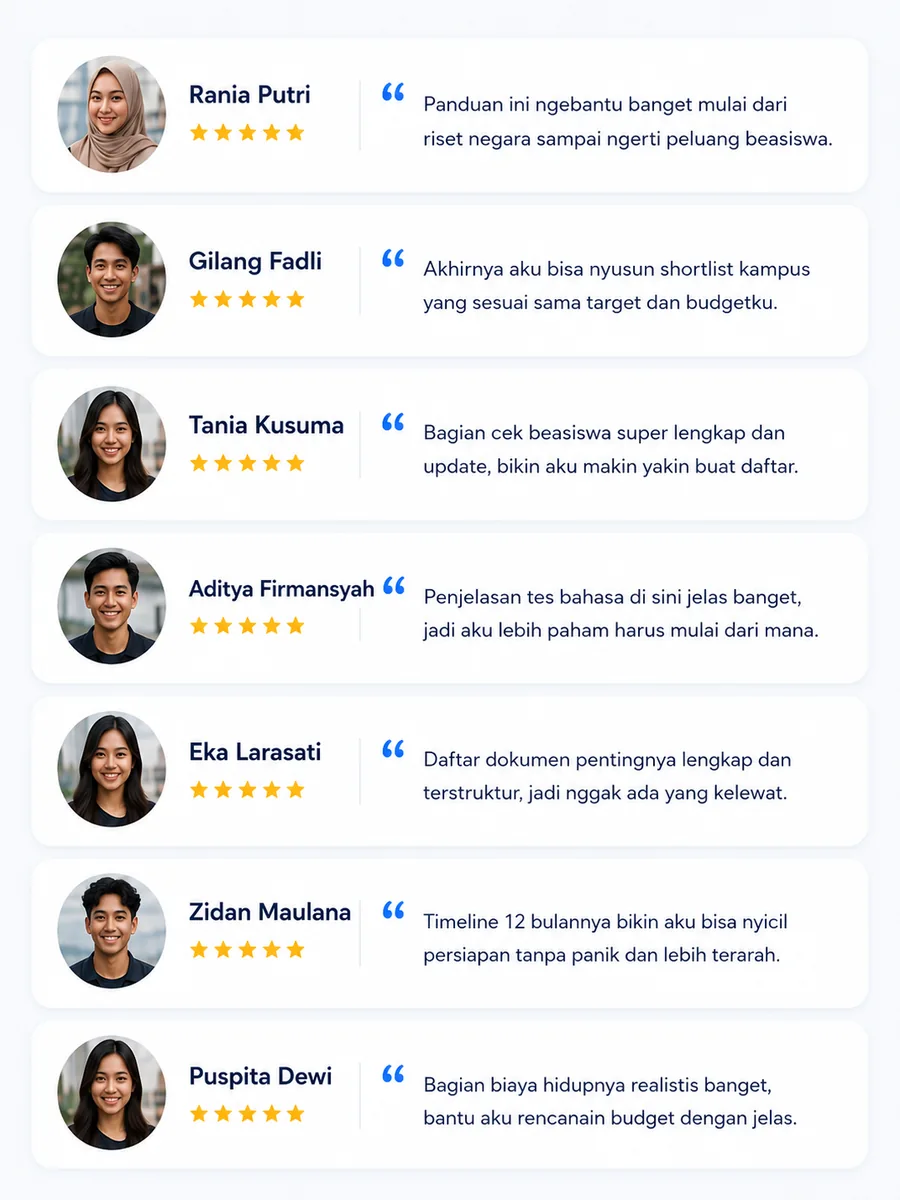 Daftar ulasan StudyRoad dengan aksen navy dan gold
