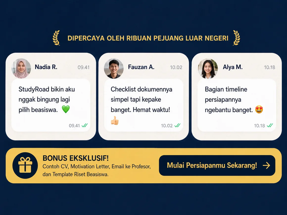 Cuplikan testimoni pembaca StudyRoad dalam gaya chat WhatsApp